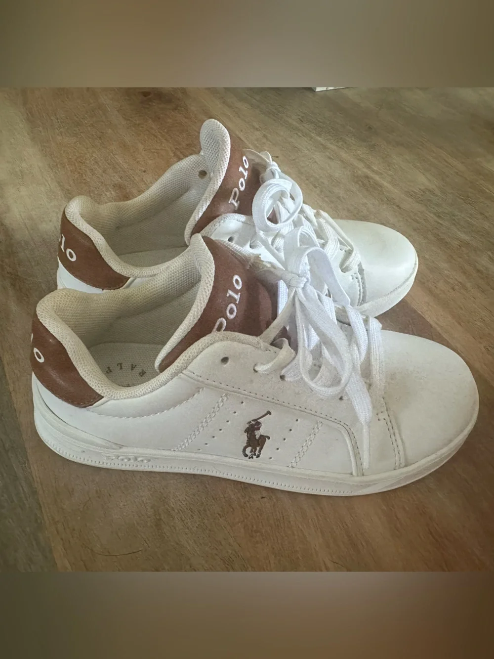 Polo Ralph Lauren Boys White Leather Sneakers Brown Logo Size 1